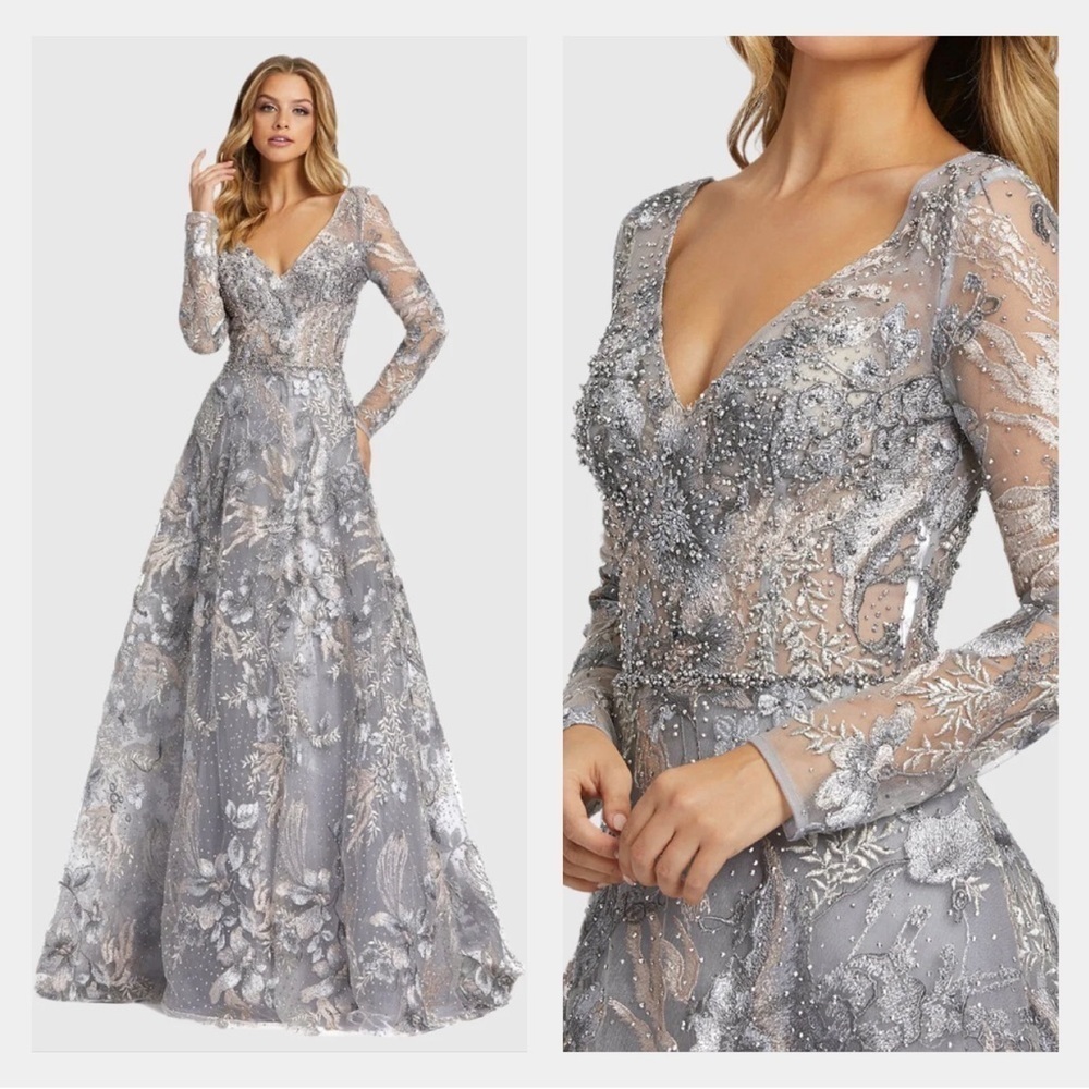 Mac Duggal 20214 Nwt Long Sleeve Beaded Applique Gown